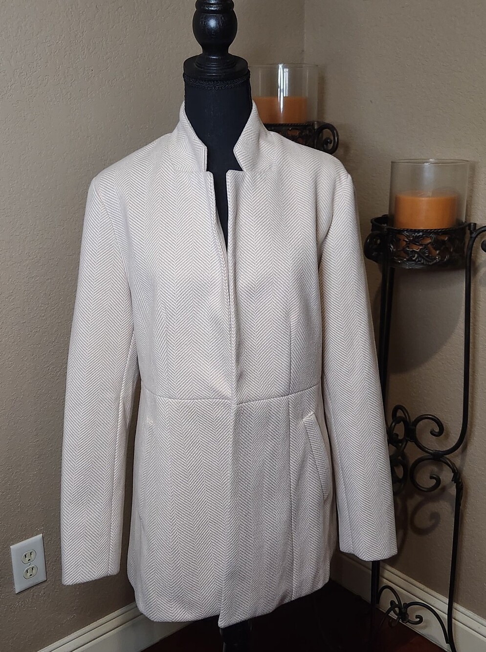 Chou Yatou Elegant Cream Herringbone Stand Collar Blazer Jacket Size Large